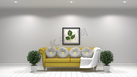 白色客厅室内设计、黄色布艺沙发、灯和