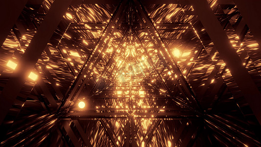 抽象星系反射三角形玻璃隧道设计与飞行 glowiong 球体粒子 3d 插图壁纸背景