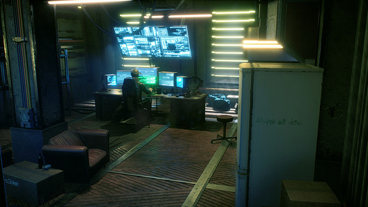 一名被发光显示器包围的男性黑客在他办公室的一个黑暗房间里侵入了其他人的计算机网络。 