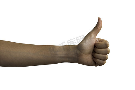 手势很棒的标志摄影照片_女性手的特写镜头显示竖起大拇指的标志在白色背景下与剪切路径隔离。