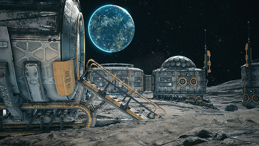 月球斑驳摄影照片_另一个行星、月球殖民地或附近有太空火箭的太空基地的表面视图。 
