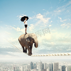 漫画女摄影照片_走在绳子上的大象