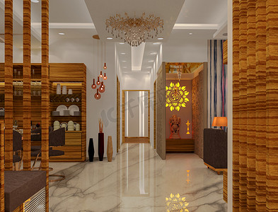 镜饰摄影照片_3D 呈现现代风格的客厅，配有镜腿和白色饰面假天花板，配有凹形灯。