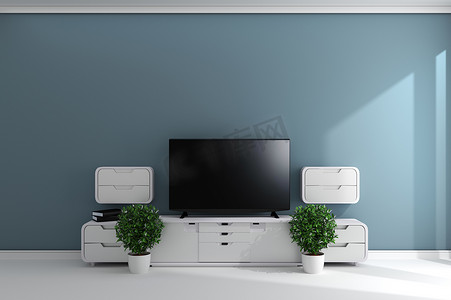 空旷风格房间设计中的智能电视.3D rednering