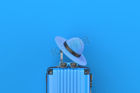 夏天元素海报摄影照片_有夏天帽子和太阳镜的蓝色手提箱 3D