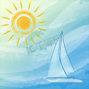 与太阳和小船的蓝色夏天背景