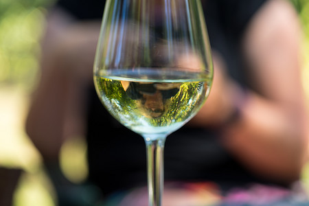 餐饮剪影摄影照片_一杯白葡萄酒的特写，夏天坐在它后面的人的倒影或剪影