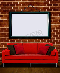 大型沙发摄影照片_有相框的红色沙发在砖墙上