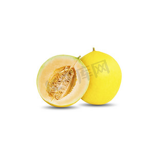一个哈密瓜或甜瓜黄色和白色背景中突显的半块