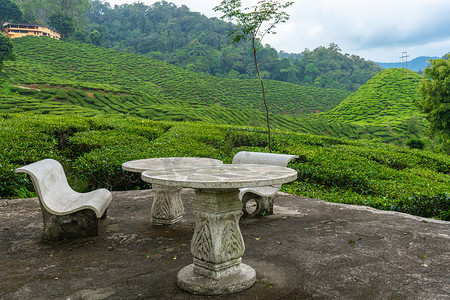 一个放松和喝茶的地方，由石头家具制成，俯瞰着茶树丛生的绿色山谷。