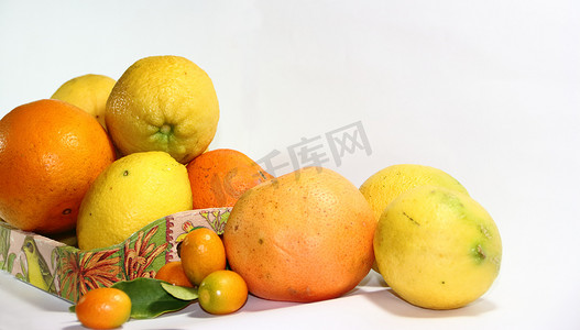 昆曲摄影照片_白色背景中的橙子、葡萄柚、柑橘、柠檬和昆曲