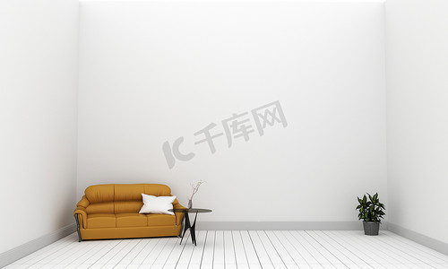 3d鲜花摄影照片_空白墙上的黄色布艺沙发和植物.3D 渲染