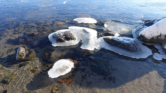 阳光明媚的冬日，海边冰雪覆盖的岩石