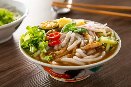 米粉美食摄影照片_Assam Laksa (Noddle in Tangy Fish Gravy) 是槟城流行的马来西亚特色美食