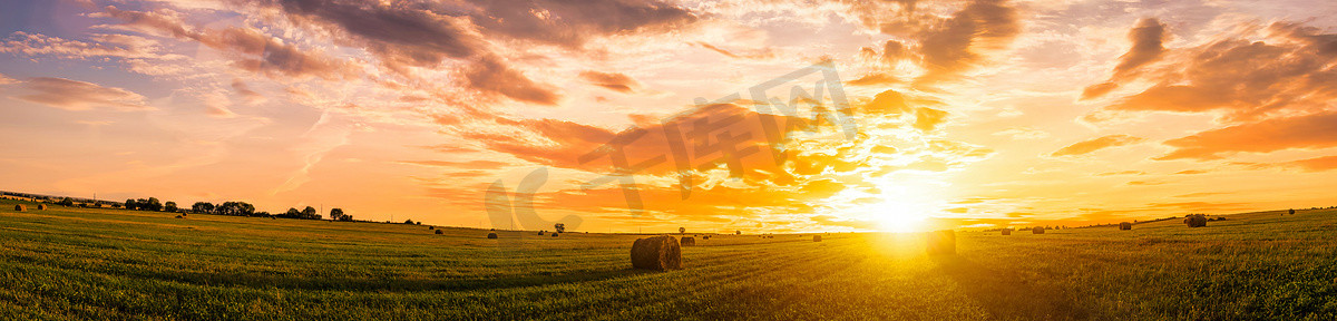 太阳夏天摄影照片_夏天或初秋的傍晚，田野里的日落，背景是多云的天空。