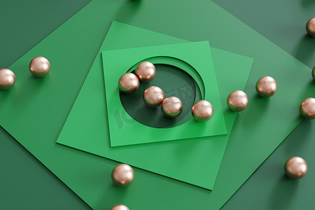 与方形的纸卡片和金属领域的抽象几何绿色背景。 
