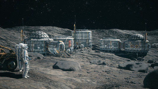 月球车附近的宇航员欣赏他们月球殖民地的月球基地。