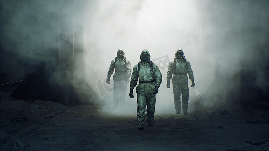 穿着军用防护服和防毒面具的潜行者正沿着废弃和废弃的地铁行走。