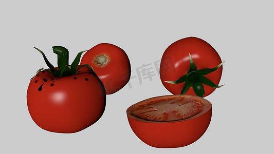 红色新鲜西红柿和孤立在白色背景上的西红柿切片。