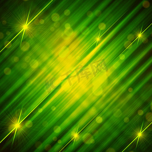 闪光绿色摄影照片_与光亮的线和星的抽象绿色黄色背景