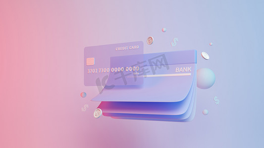 借记卡或信用卡钱硬币等距 3d 渲染
