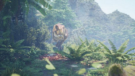 霸王龙恐龙在绿色的史前丛林中慢慢爬上它的猎物。