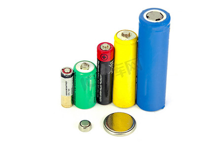 不同类型的电池和蓄电池颜色在白色背景上，隔离