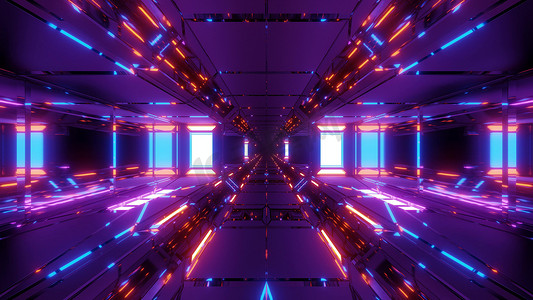 未来派科幻空间机库隧道走廊，底部有漂亮的反射和玻璃 3D 插图墙纸背景设计