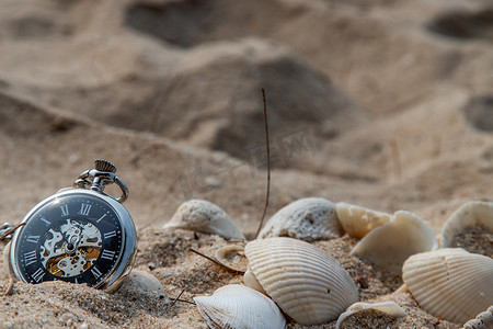 沙滩上沙子中的古董怀表和贝壳。