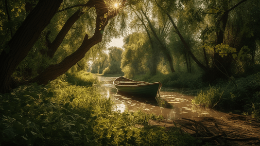 自然光风景摄影照片_绿树环绕的河流美景