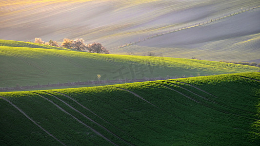 捷克语摄影照片_美好的春天风景与草小山领域在日落。