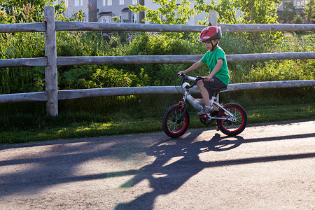 在公园的自行车道上骑自行车的儿童