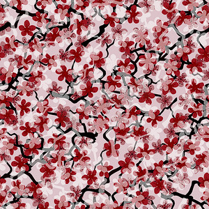 无缝图案与盛开的日本樱花树枝，用于织物、包装、壁纸、纺织品装饰、设计、邀请函、礼品包装、制造。鲑鱼背景上的粉色和红色花朵。