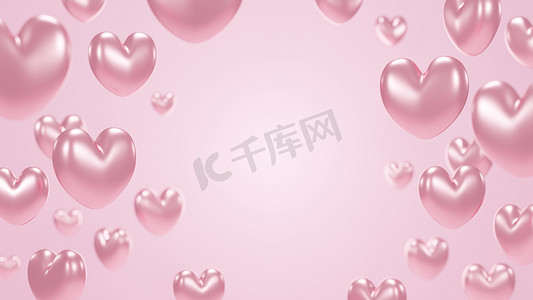 粉红色背景中的玫瑰金心，带复制空间 3d 渲染