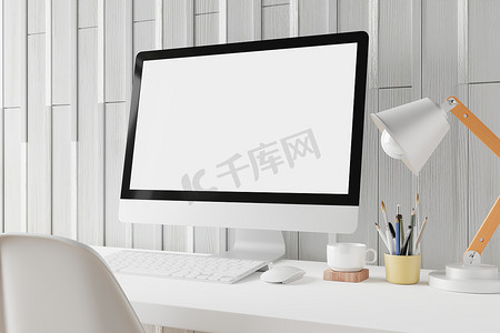 创意房屋摄影照片_工作区与样机空白屏幕笔记本电脑。