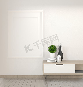 3d白摄影照片_白墙背景禅宗客厅的模拟柜，3d r