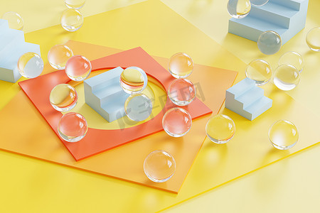 抽象方形几何摄影照片_与方形的纸卡片、蓝色台阶和玻璃球形的抽象几何黄色背景。 