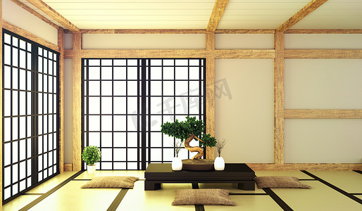 客厅有盆景，桌子矮，木地板和榻榻米垫。