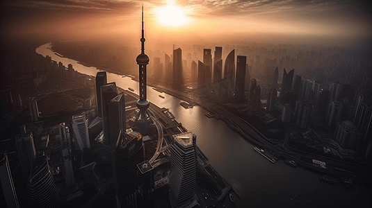 上海徐汇滨江西岸城市建筑群航拍日出
