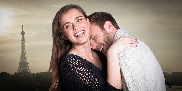 幸福的年轻夫妇特写的复合图像