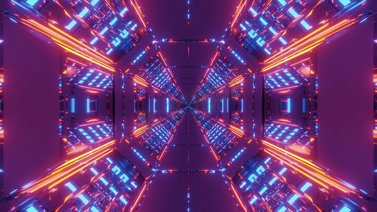 灯光室内背景摄影照片_未来派科幻机库隧道与无尽的发光灯 3d 渲染设计背景壁纸