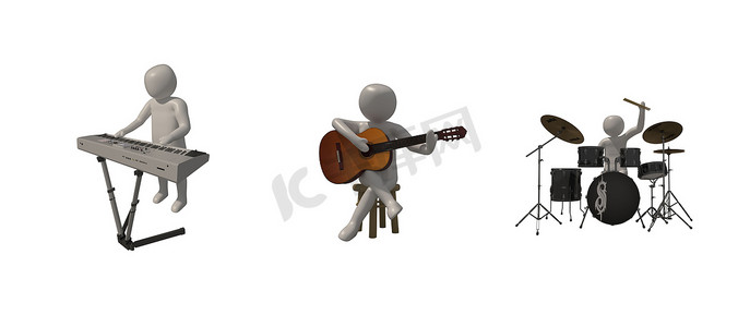 3d 插图画家组在灰色背景上的职业音乐家符号，音乐播放器的 3d 渲染。
