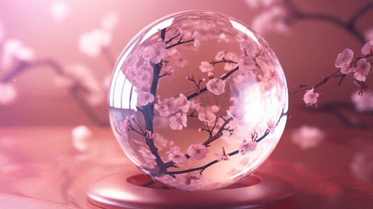 唯美粉色插画摄影照片_水晶球里的樱花插画