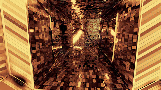 具有发光灯和砖块纹理的未来派反光科幻隧道走廊 3d 插图背景壁纸