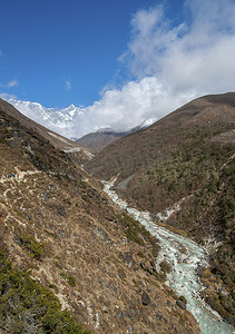 喜马拉雅山的洛子峰、小径和河流