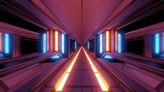 干净的未来派科幻空间机库隧道走廊与热发光金属 3d 插图背景墙纸设计