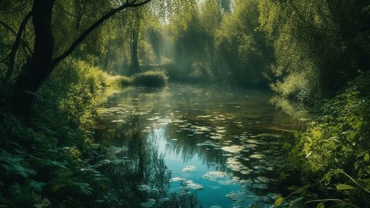 白天绿树环绕的池塘美景