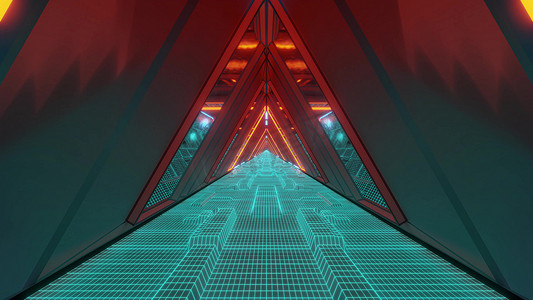 反光玻璃窗摄影照片_技术科幻太空战舰隧道走廊与发光线框底部玻璃窗 3d 插图壁纸背景图形设计