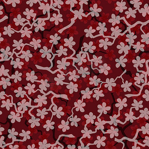 无缝图案与盛开的日本樱花枝条，用于织物、包装、壁纸、纺织品装饰、设计、邀请函、礼品包装、制造。红宝石背景上的红色和粉红色花朵。