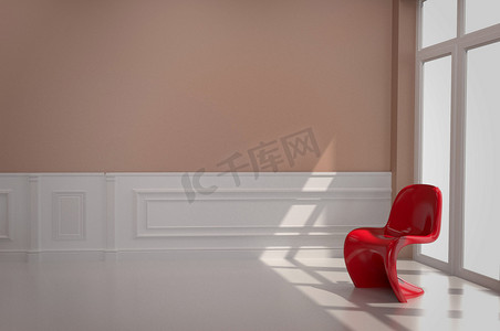 客厅有一把红色椅子和淡红色的墙壁，3D Render Im